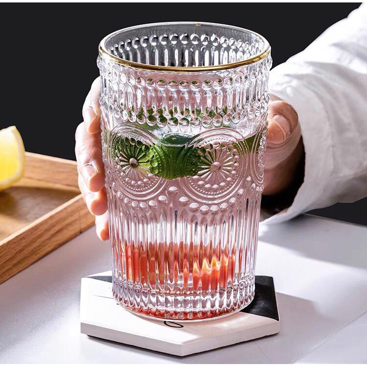Vintage Retro Gelas Kaca Kristal Gelas Estetik Aesthetic Unik Cantik Drinking Glass motif timbul-380ML RING MAS