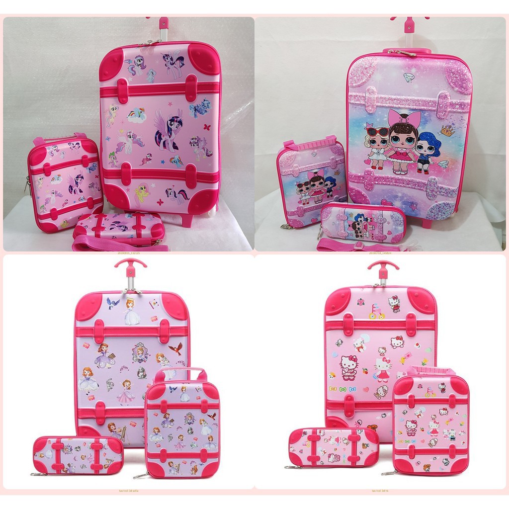 (RK)Tas Troli Anak 3in1 3D Little Pony Lol Surprise Frozen Hello Kitty Princess Sofia 6 Roda Import