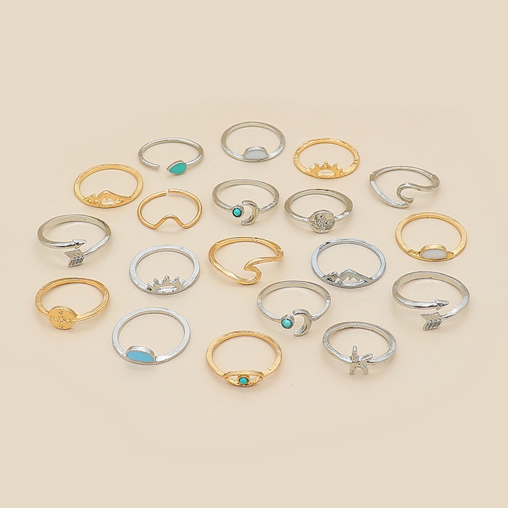 Hu Hu Hu Hu Hu Alat Bantu Pasang Kacamata♡ 19pcs / Set Cincin Model Terbuka Desain Ombak Hias Turquoise Gaya Boho / Etnik Untuk Wanita
