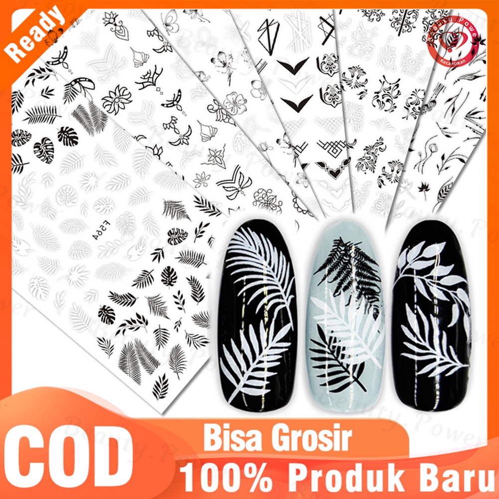 1 Lembar / Pak Stiker Kuku Foil Transfer Air Motif Bunga / Daun Stiker renda hitam dan putih Prancis Untuk Nail Art
