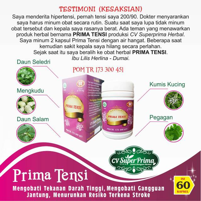 PRIMA TENSI MENGOBATI TEKANAN DARAH TINGGI /MENURUNKAN RESIKO TEKANAN STROK/MENGOBATI JANTUNG