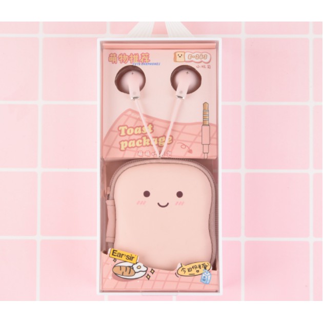 [E-263] Set Earphone Tema TOAST PACKAGE / Headset Karakter Roti Lucu / Wadah Earphone Resleting Tebal Motif Bread Roti Imut