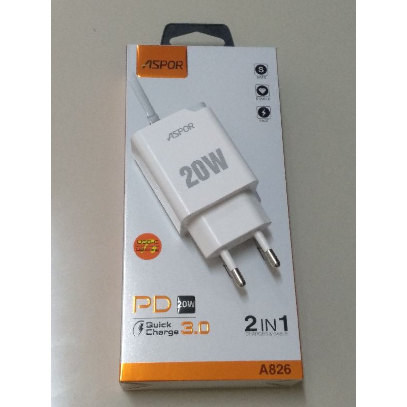 Aspor PD &amp; usb QC 20 watt Home Charger PD Type-C &amp; Usb Fast Charging Qualcomm 3.0