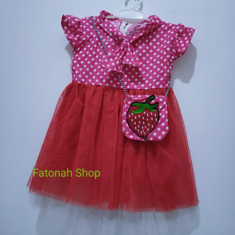 Dress anak cewek 1 2 tahun baju anak perempuan bonus tas kecil ( dress polka TAS )