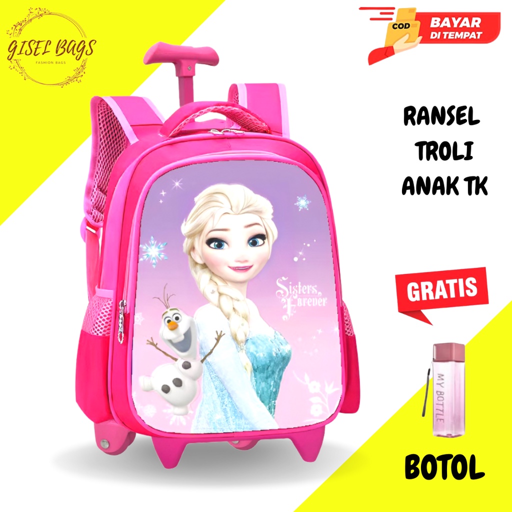 GB Tas ransel troli anak perempuan TK tas sekolah anak timbul bahan tebal tas troli anak import