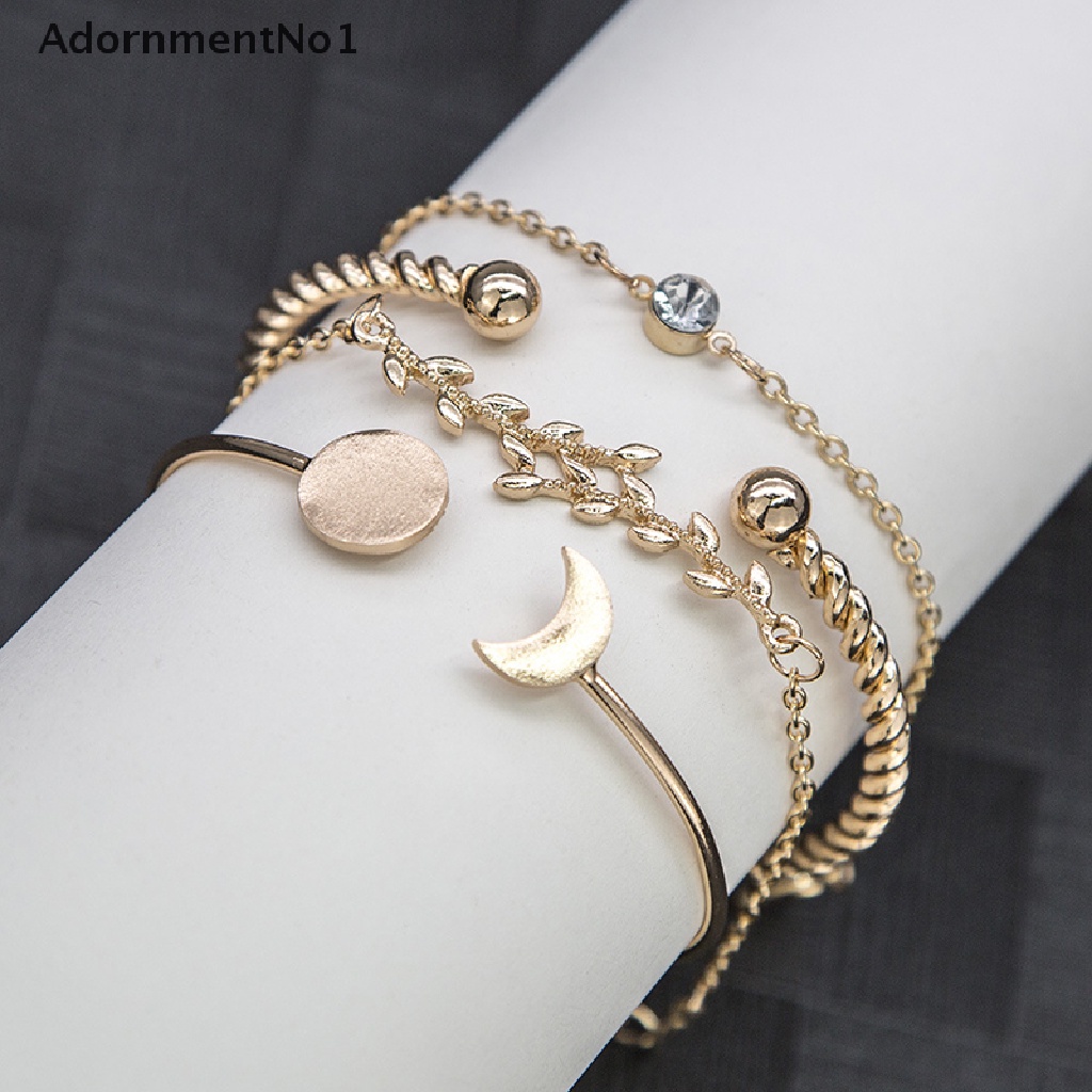 (AdornmentNo1) 4pcs / Set Gelang Tangan Alloy Gaya Bohemian Motif Daun + Bulan + Kristal Untuk Perhiasan Wanita, Handmade