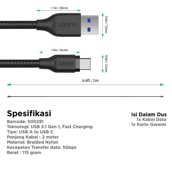 Aukey Cable 2M USB to Type C Braided Nylon Black - SKU : 500281