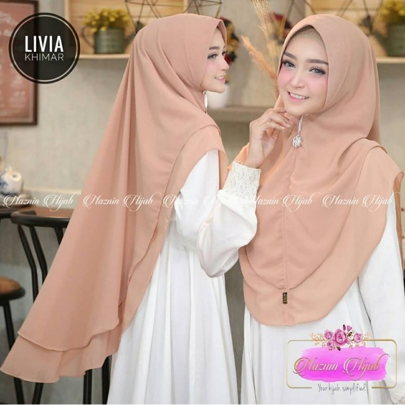 Hijab Terbaru Murah Jilbab Khimar Dua Layer Livia Khimar Ceruttti 2 Layer Hijab Instan Pet Antem