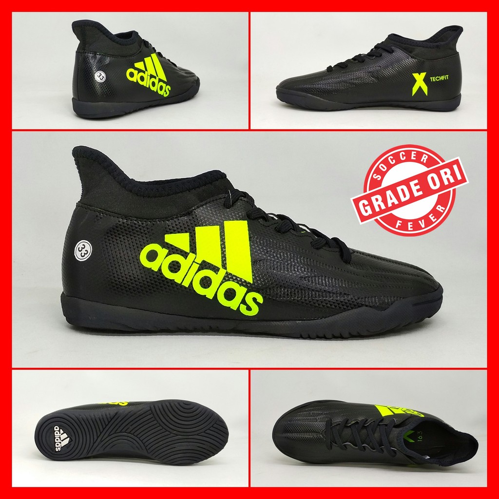 Sepatu Futsal Anak Adidas X Techfit Hitam List Hijau Boot Grade Original Kids Terbaru 2018