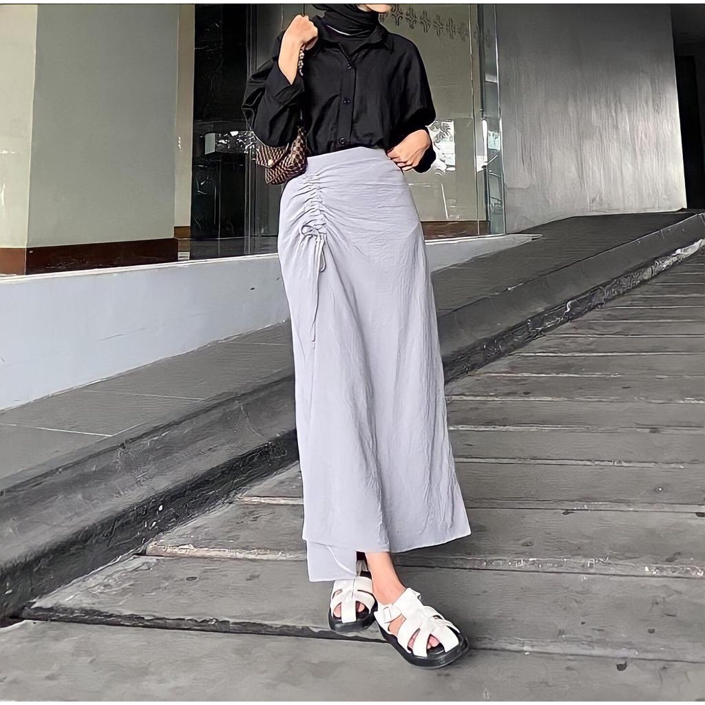 Tamara Skirt - Rok Serut Casual Korean Look -  Midi Maxy  Skirt - Rok Wanita Korean Terbaru - Rok Crinkle-Grey