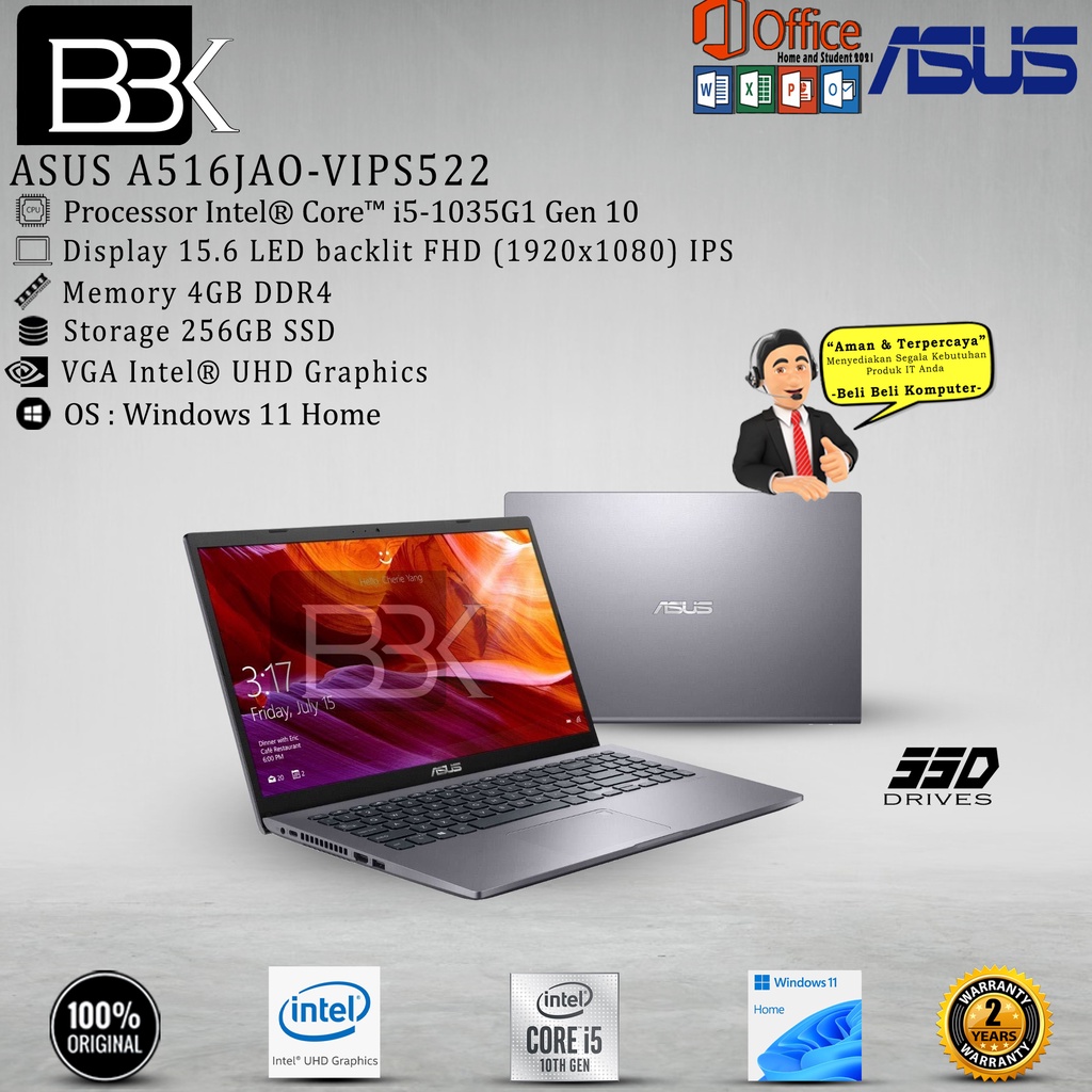 ASUS A516JAO-VIPS522 Intel I5-1035G1 4GB 256GB SSD FHD W11 OHS SILVER
