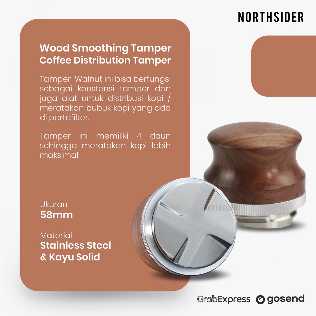 COFFEE SMOOTHING TAMPER KOPI DISTRIBUTION 58.35MM BODY WALNUT WOOD