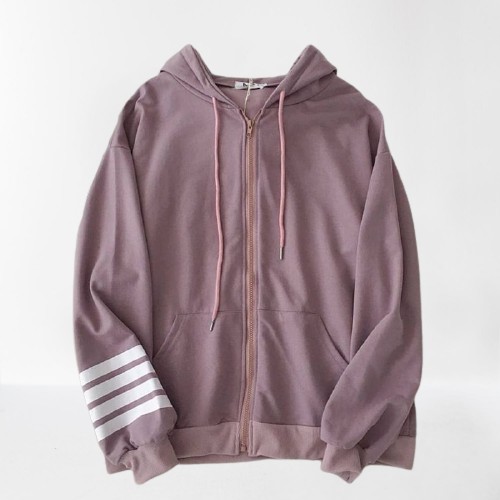 HOODIE ZIPPER WANITA STRIP HAND FLEECE TEBAL