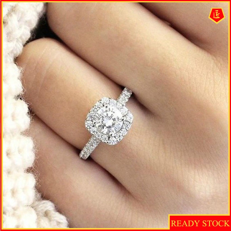 [Ready Stock]18K Platinum Square Diamond Ring Simple and Elegant