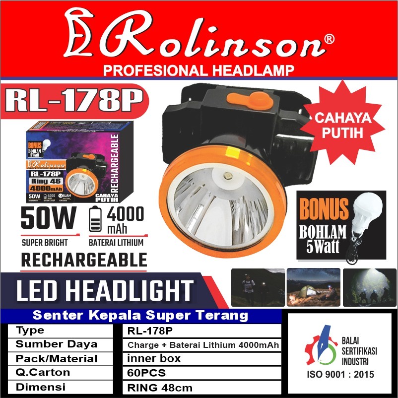 Senter Kepala Berkemah LED Super Terang 50 Watt Cahaya Putih  dan  Kuning RL-178P 178K free(gratis) Bohlam 5watt