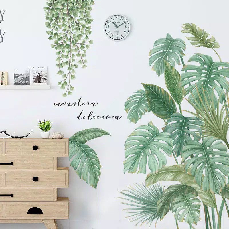 WALL STICKER STIKER DINDING Q 42 WALLSTICKER WALLPAPER WALPAPER DAUN KAKTUS PALEM HIJAU MONSTER MONTERA MONSTERA LEAF CAFE CAFEE KAFE DEKORASI TAMAN RUMAH TEMBOK RUANG TAMU KAMAR TIDUR  KERAMIK KRAMIK DAPUR TANGGA LEMARI PINTU JENDELA KACA KAMAR MANDI