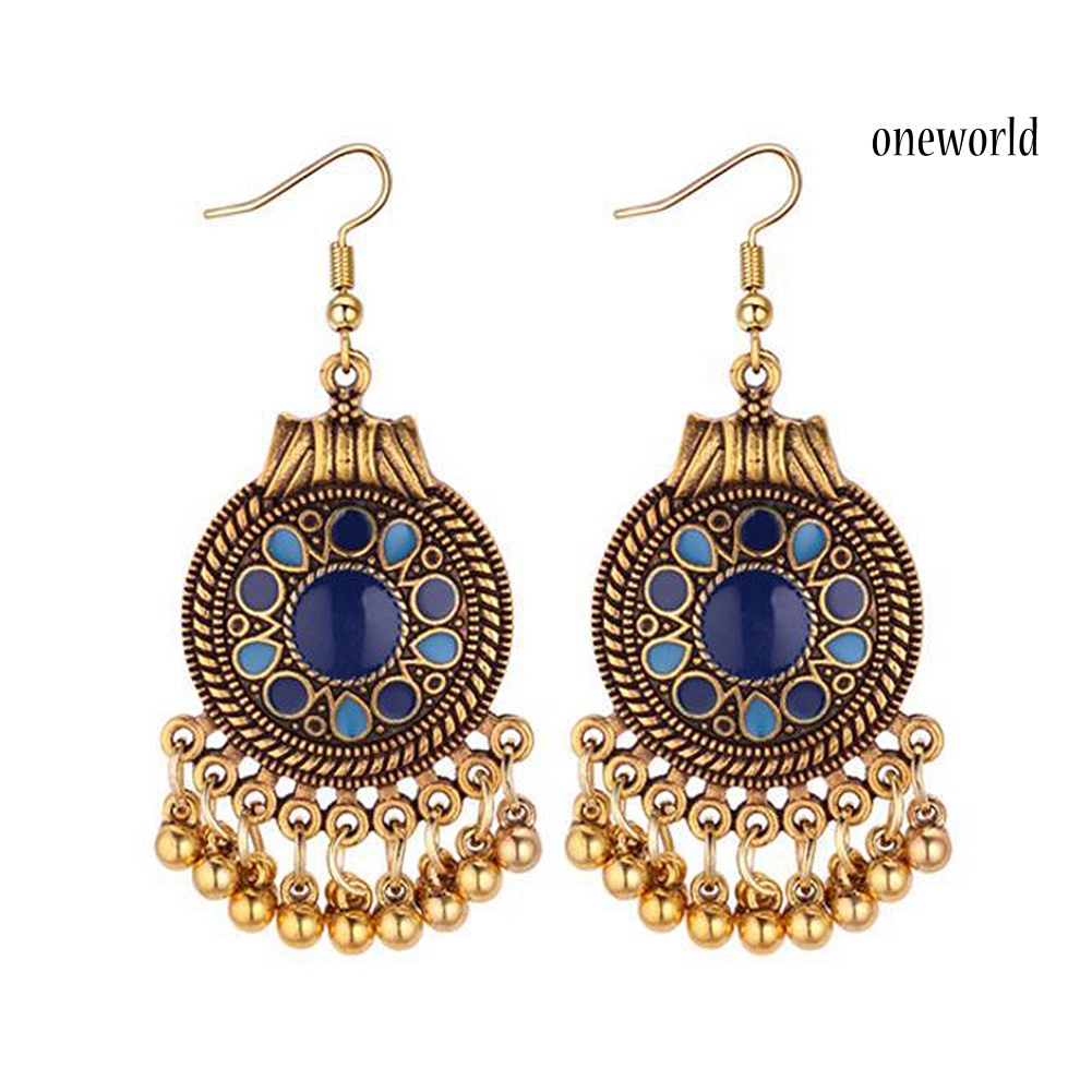 OW@ Women Ethnic Tassel Disc Flower Bead Pendant Long Dangle Hook Earring Jewelry