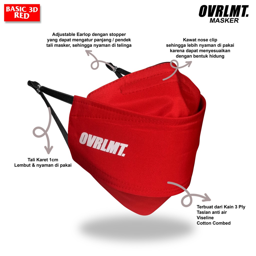 OVERLIMIT BASIC 3D Red - Masker Pria Wanita Premium Dewasa 3 ply kain 3 lapis Motif Distro Model Adjustable Strap Mask Bahan