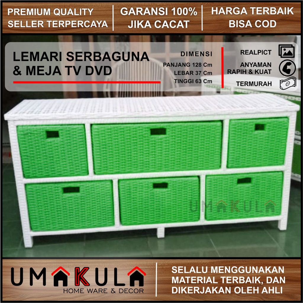 Buffet Bufet Meja TV Lemari Rak Rotan Sintetis 6 Laci Ruang Tamu Serbaguna Minimalis Murah Terbaru