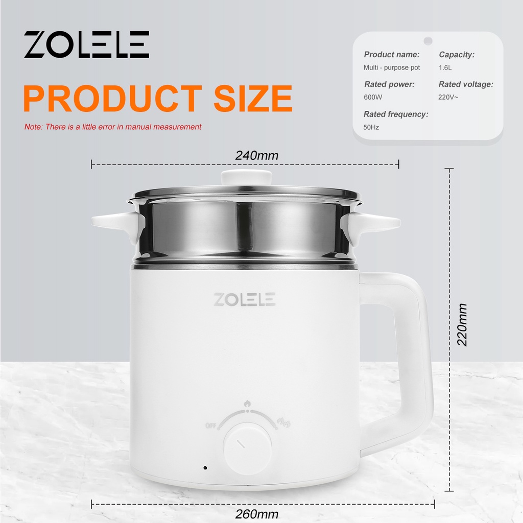 ZOLELE Panci Listrik Serbaguna 2-Layer 1.6L Elektrik Pressure Cooker Low Watt Steamer 4 in 1 Food Frypan Hotpot with Gagang Anti Melepuh Portable Non-stick Peralatan Dapur Home Kitchen ZC301