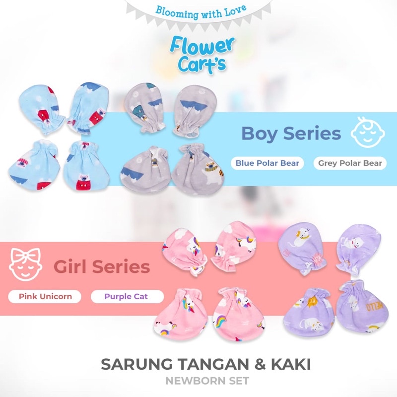 Makassar ! Sarung Tangan Kaki Bayi Newborn Set Flower Cart's ( 2 Set )