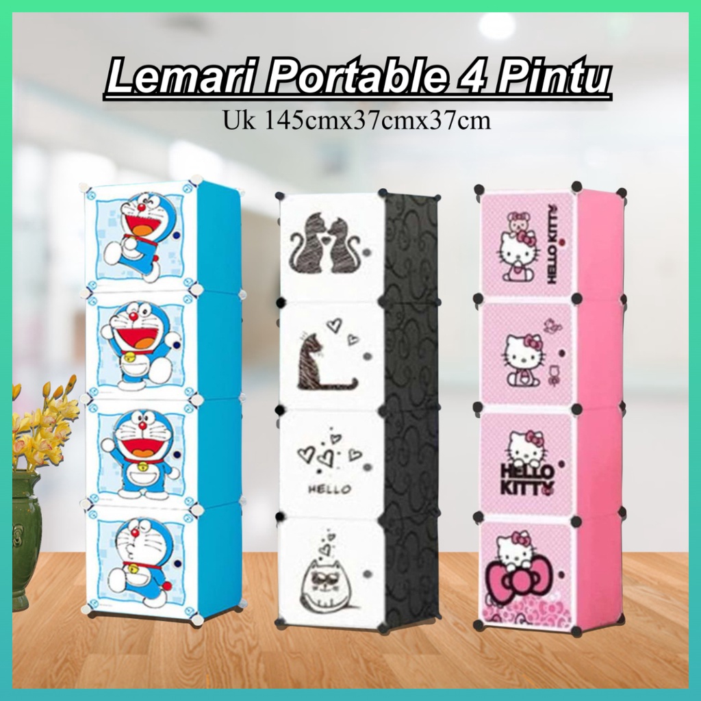 Lemari pakaian 4 pintu serbaguna lemari plastik portable motif karakter Worldhome66