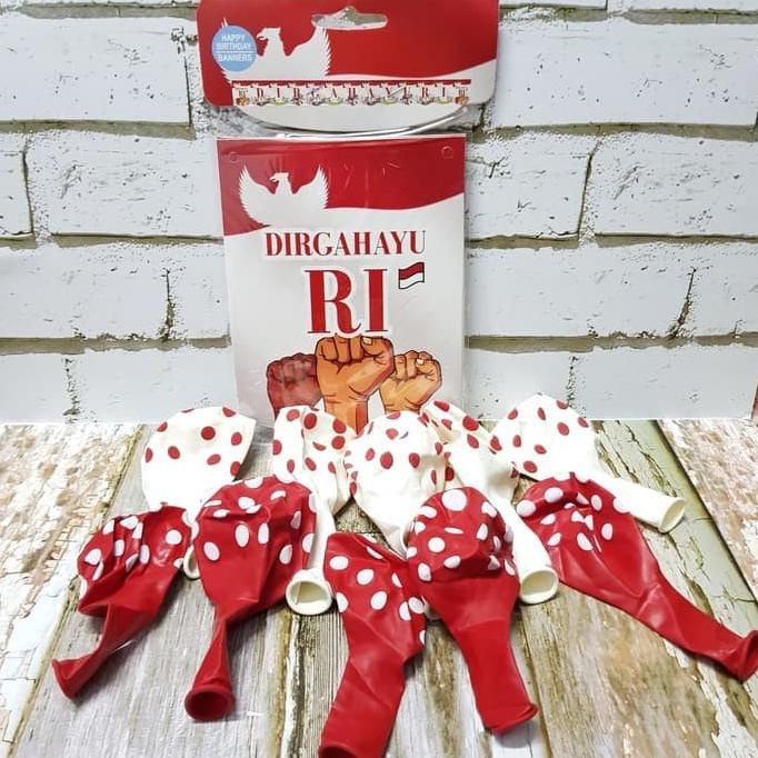 

PAKET DEKOR DIRGAHAYU RI/ HIASAN HUT RI/ BALON POLKADOT MERAH PUTIH
