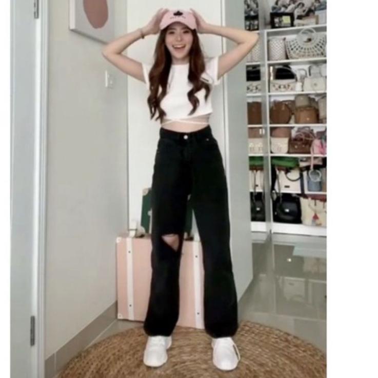 Terbaru KULOT JEANS WANITA HITAM SOBEK HIGHWAIST PREMIUM