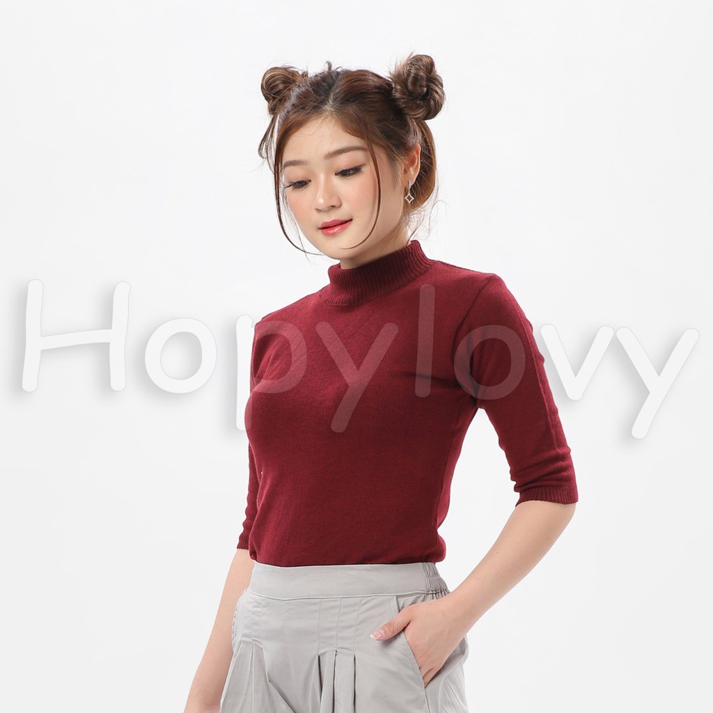 HOPYLOVY Blouse Rajut Turtleneck Wanita Lengan 3 per 4 Rafika-MAROON
