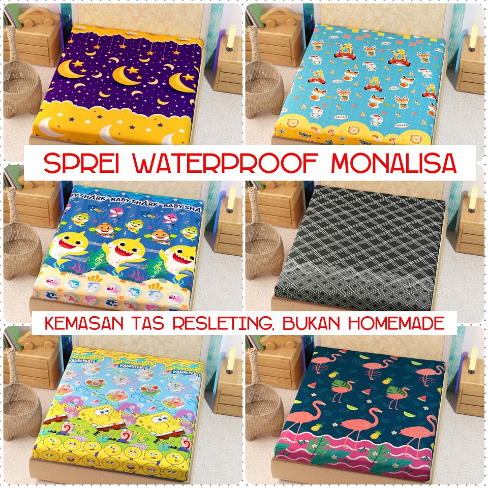 SPREI WATERPROOF MONALISA MOTIF KARAKTER UKURAN 180X200