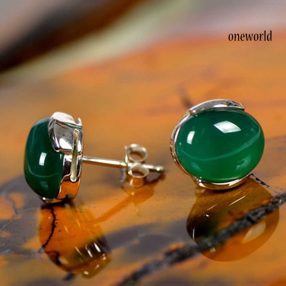 OW@ Fashion Women Natural Green Agate Stone Inlaid Plated Stud Earrings Jewelry Gift