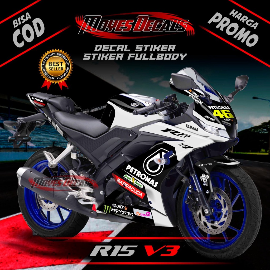 Decal Sticker Yamaha R15 V3 - Motif Petronas Sport Black White Stiker Decal R15 V3 Petronas