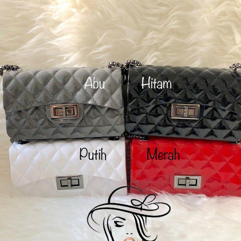 Tas Jelly Glossy Import Selempang Rantai Hitam Besar