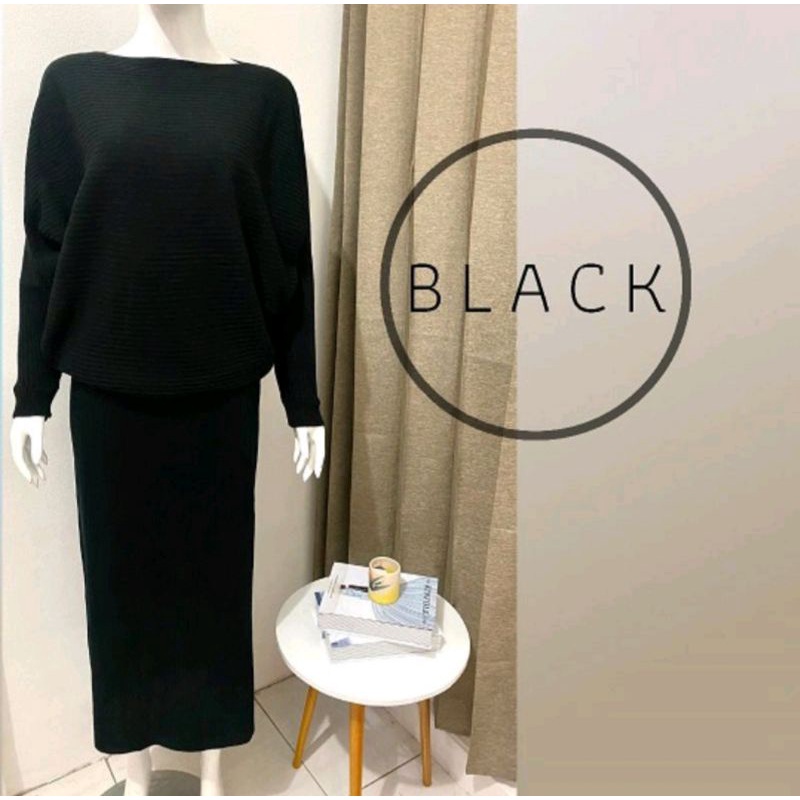 CARDIGAN RAJUT WANITA / STELAN | ONE SET ATASAN LASPERAL BATWING+ROK RAJUT PANJANG TERMURAH/ ATASAN RAJUT WANITA PASHIEN KEKINIAN TRENDING 2022-ONE SET HITAM