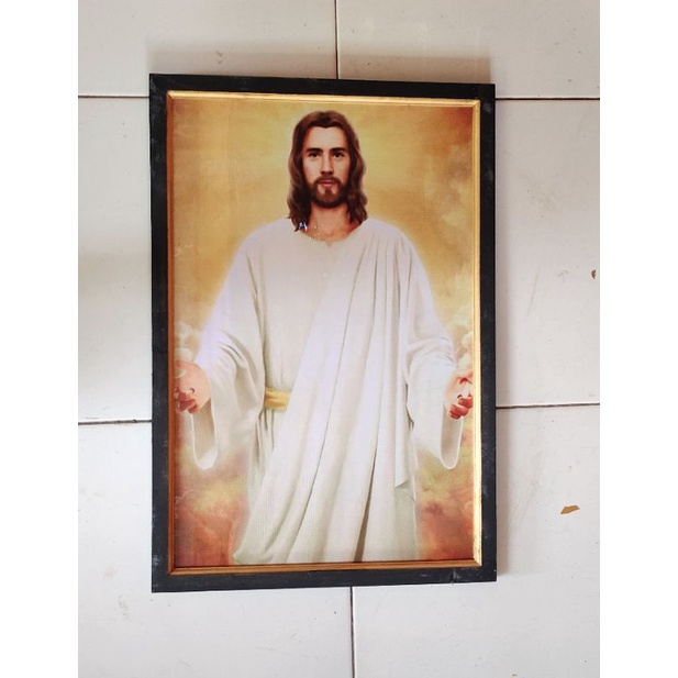 Hiasan dinding lukisan cetak Tuhan Yesus plus bingkai ukuran 65x45