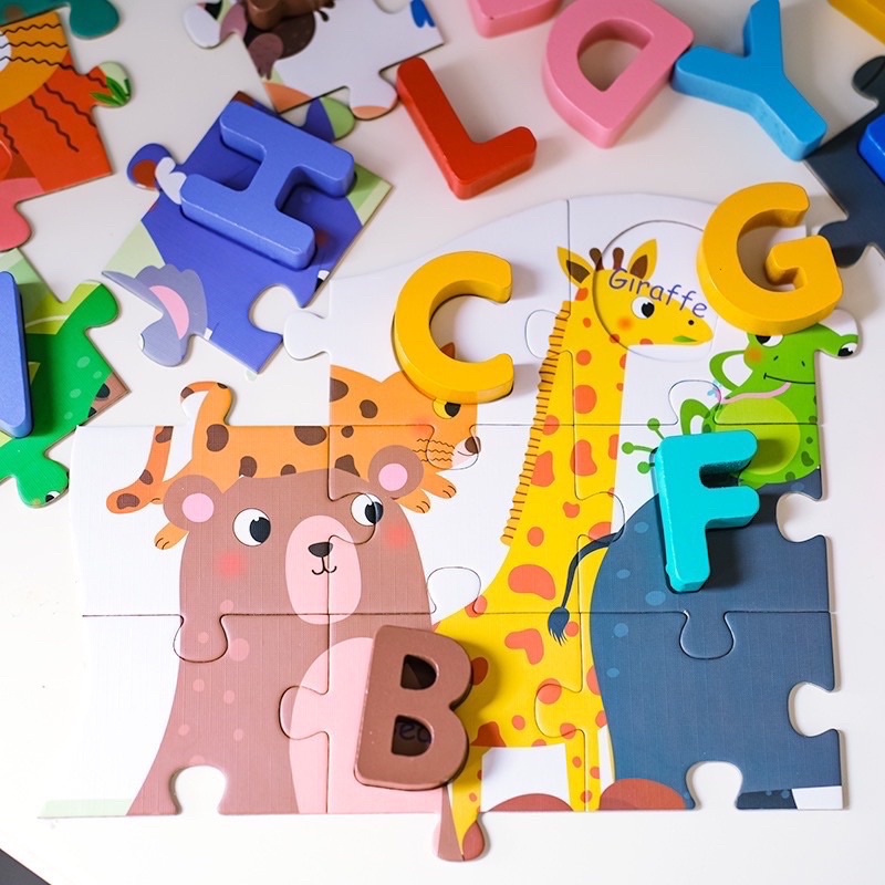 number alphabeth puzzle with wooden pieces