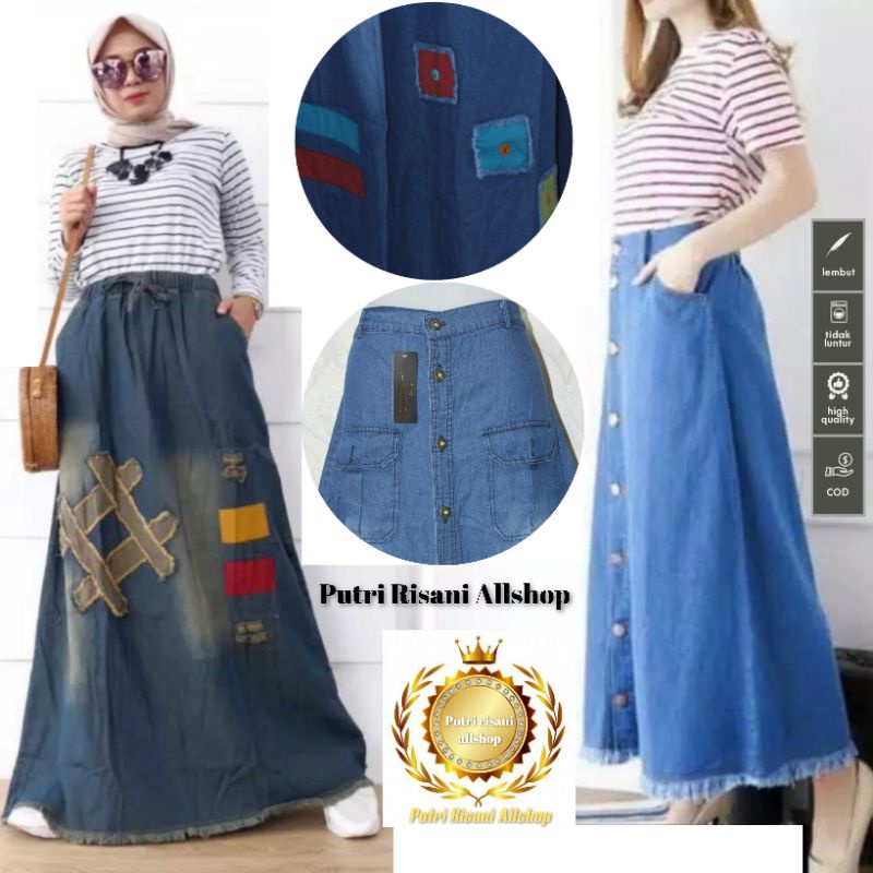 Rok Panjang Wanita - Rok Model A Cargo Kancing Dan Rok Motip Tempel - Soft Jeans BB ± 40-60 Kg-4