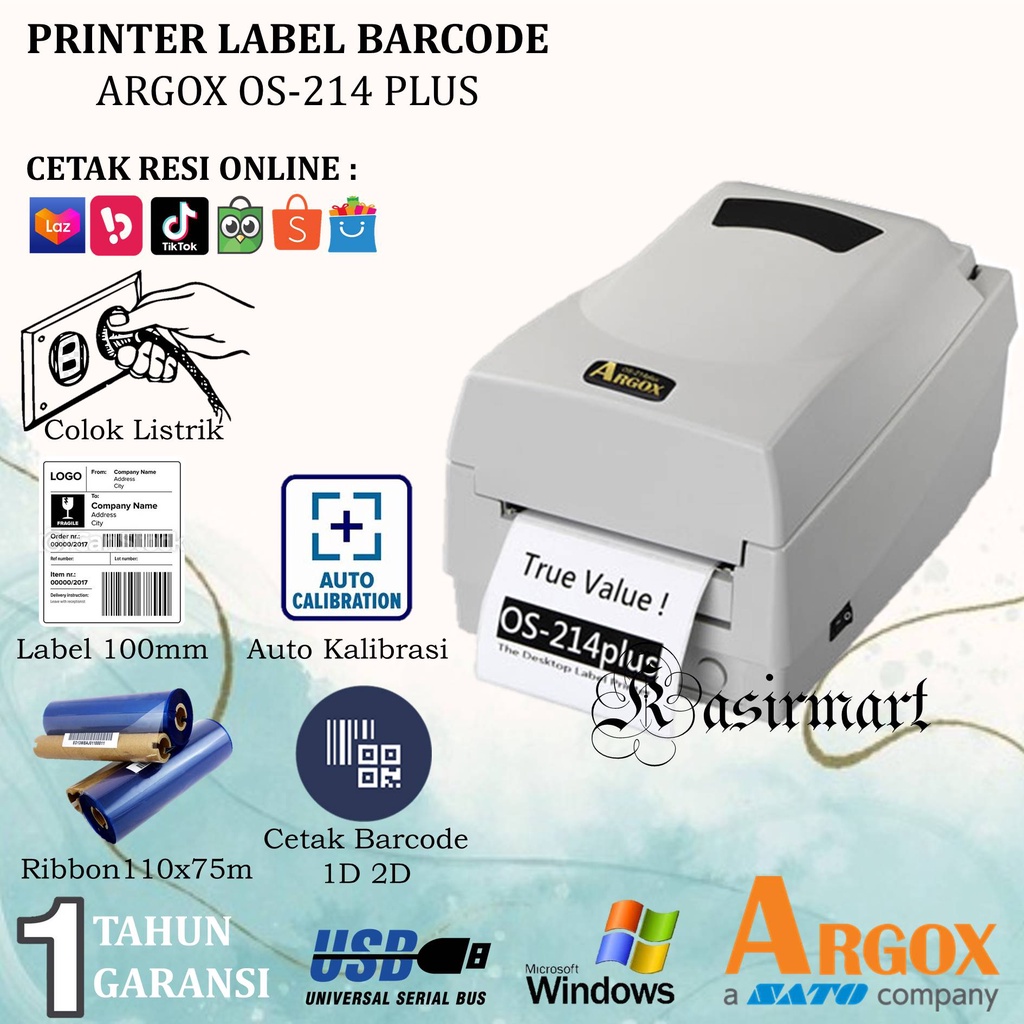 Argox OS-214 Plus Printer Barcode Transfer Thermal 110MM USB RS232 Argox OS214 Plus Cetak Label Resi JNE