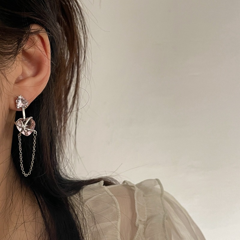 Anting Bentuk Hati Dan Bintang Aksen Zirkon Warna Pink Untuk Aksesoris