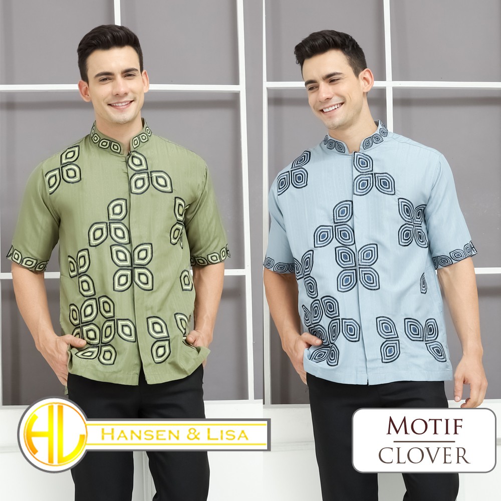Kemeja  Koko Pria Lengan Pendek Busana Muslim Bordir Premium Clover WARNA Hijau Lime