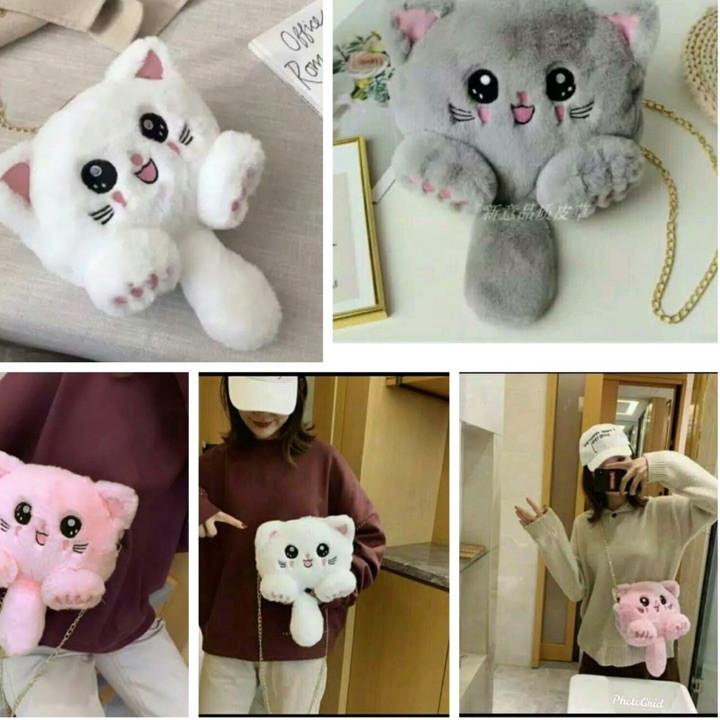 Serbuuuu.. Tas selempang boneka kucing bulu wanita cewe korea kekinian