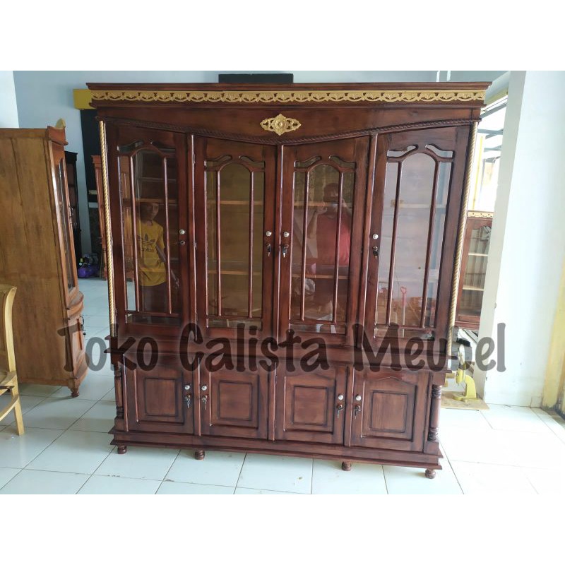 Lemari kaca 4 pintu kayu jati / Buffet kaca / lemari kaca jati