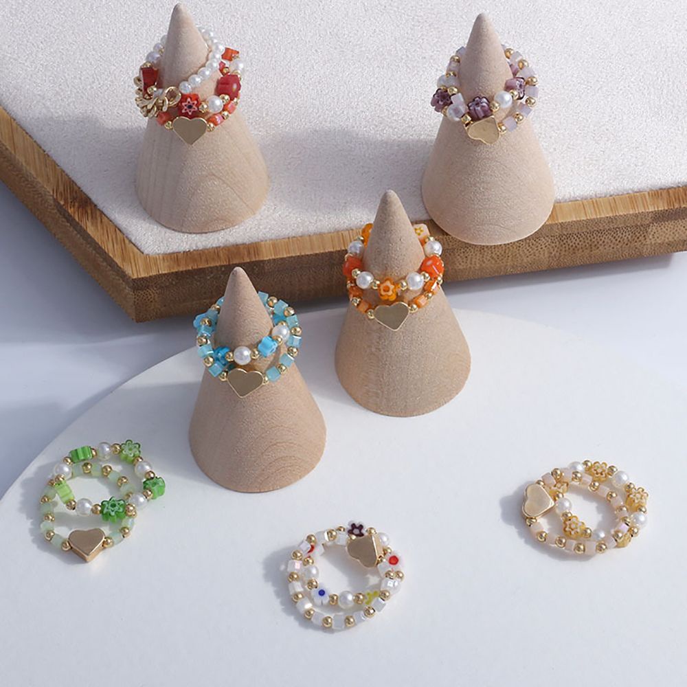 Needway  Cute Beaded Rings Trendy Women Ring Finger Ring Set Pearl Flower Elastic Bohemia Sweet Acrylic Party Jewelry/Multicolor