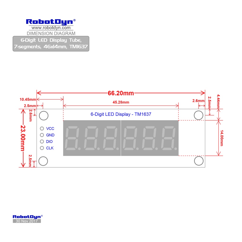 RobotDyn TM1637 6 DIGIT LED DISPLAY TUBE 7 SEGMENT 0.36 4 DIGIT 46x14