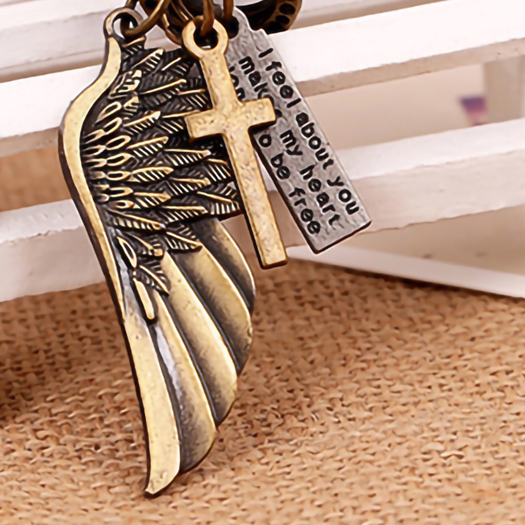 Hu Hu Hu Hu Hu Alat Bantu Pasang Kacamata♡ Kalung Tali Kulit Imitasi Liontin Sayap Malaikat Gaya Retro Untuk Unisex