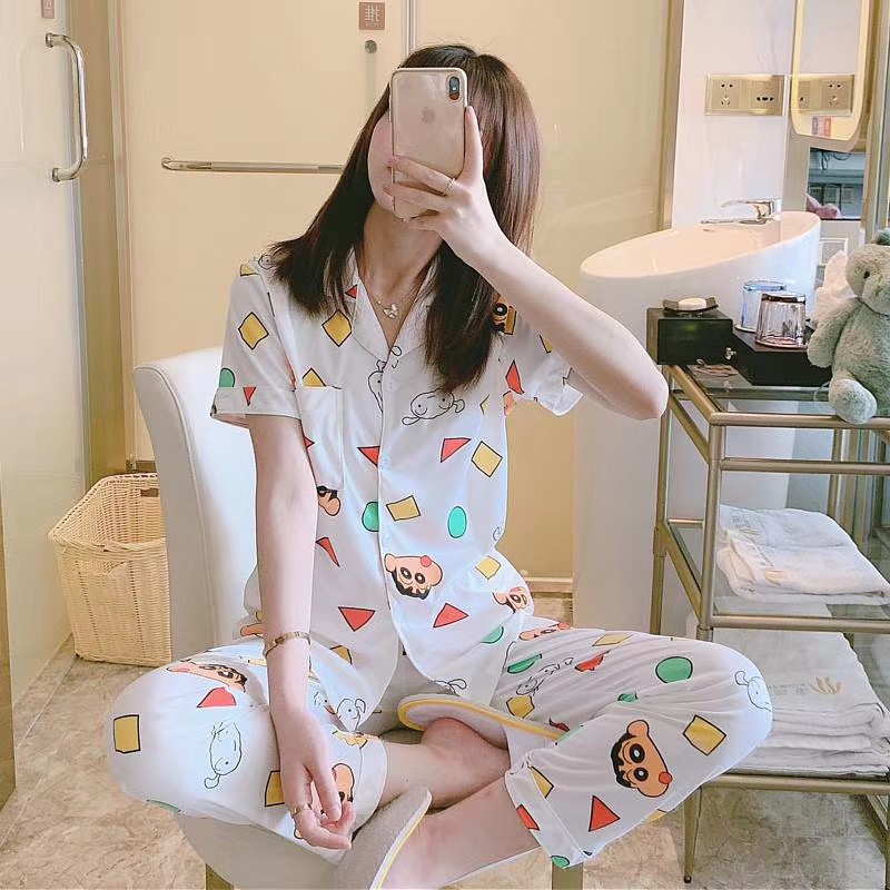 BAJU TIDUR PIYAMA SET KEMEJA CP LENGAN PENDEK CELANA PANJANG IMPORT PREMIUM BANYAK MOTIF PART 2-Little Sinchan