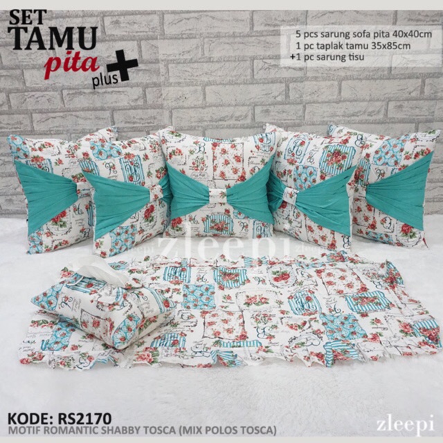 HOME SET RUANG TAMU MOTIF BUNGA NUANSA BIRU TOSCA - Taplak meja / Sarung bantal sofa / Tempat tissue
