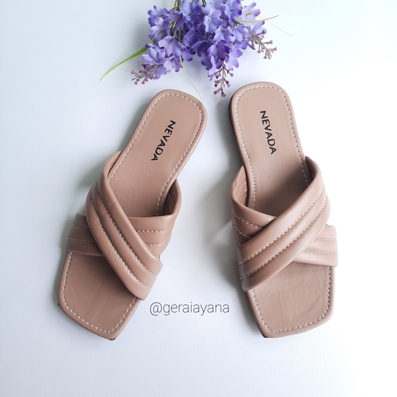 6.6 SALE! Sandal Wanita Nevada - Sandal Empuk - Sendal Puffy - Sandal Selop-Puffy Silang - Mocca