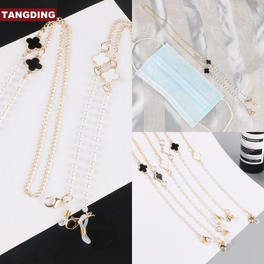 【COD Tangding】72cm Long Anti-lost Glasses Mask Chain Creative Four-leaf Clover Black Gem Metal Chain Neck Double Buckle