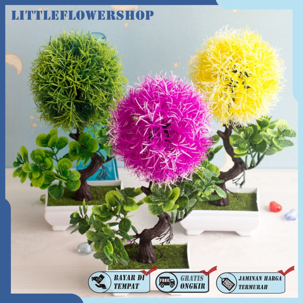 COD/BONSAI HIAS TANAMAN ARTIFISIAL BUNGA DEKORASI RUANGAN BUNGA PLASTIK POT BULAT PUTIH BP8818-4